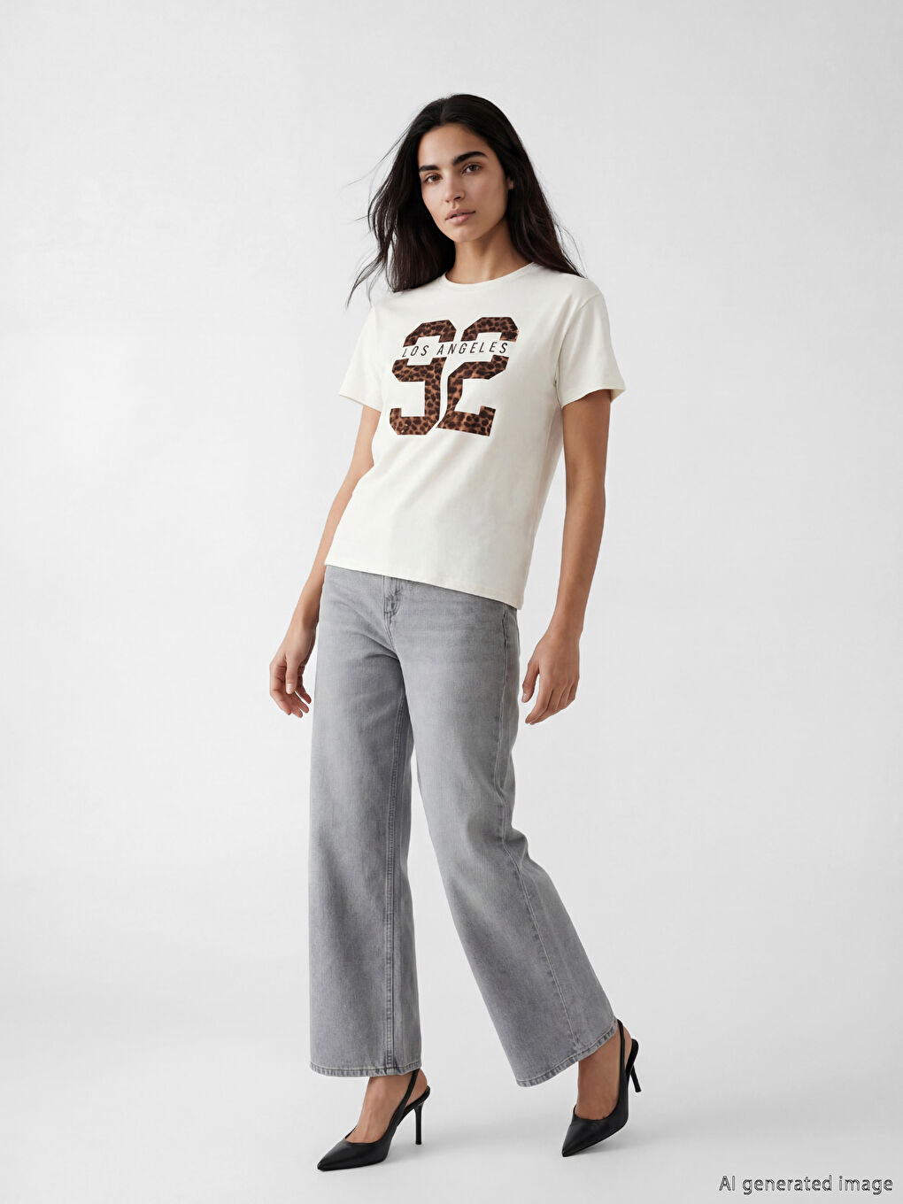 Ekru Bisiklet Yaka Los Angeles Baskılı Kadın Tişört-1