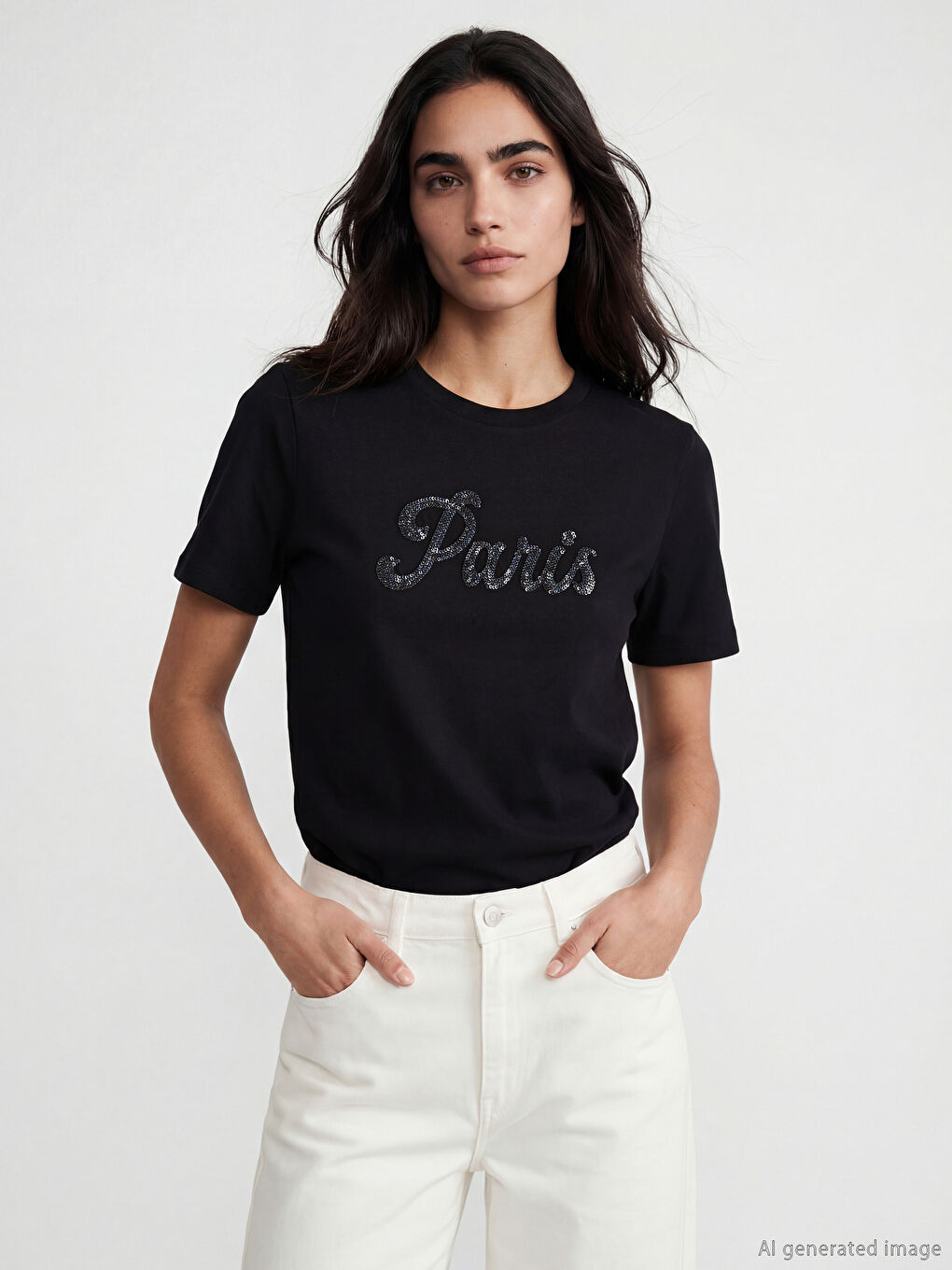Paris Embroidered Sequined Women's T-Shirt