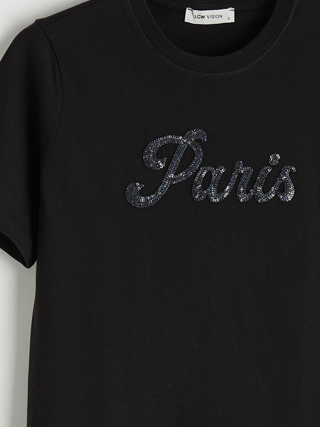 Siyah Paris İşlemeli Payetli Kadın Tişört-2