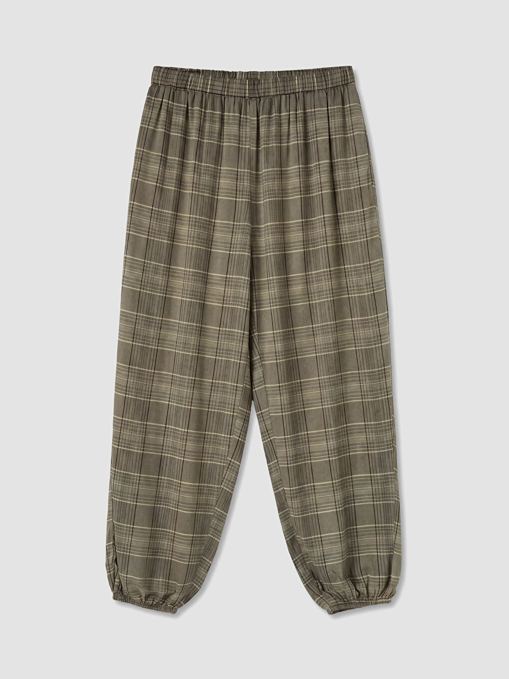 Kahverengi Beli Lastikli Ekose Kadın Jogger Pantolon-0