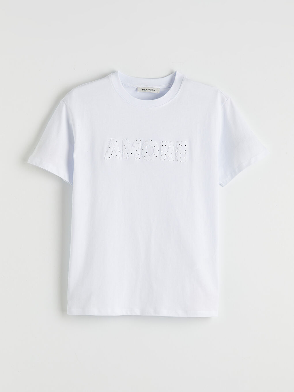 Beyaz Bisiklet Yaka Taşlı Kadın Tişört