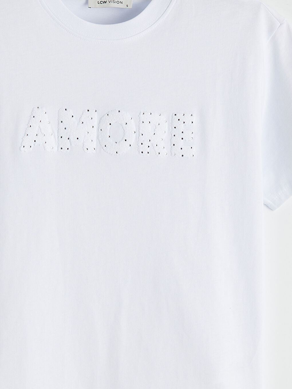 Beyaz Bisiklet Yaka Taşlı Kadın Tişört-2