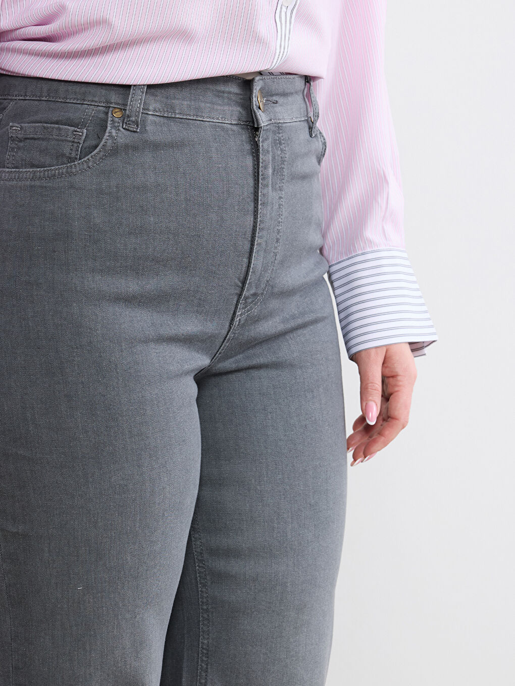 Gri Büyük Beden  Wideleg Kadın Jean Pantolon-3