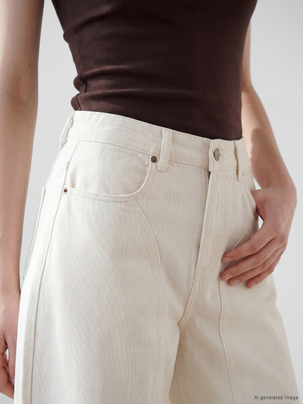 Ekru Barrel Fit Kadın Jean Pantolon-2