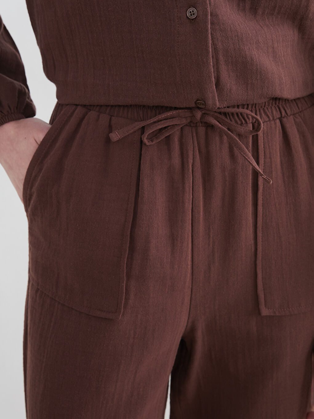 Kahverengi Beli Lastikli Geniş Paça Kadın Pantolon-1
