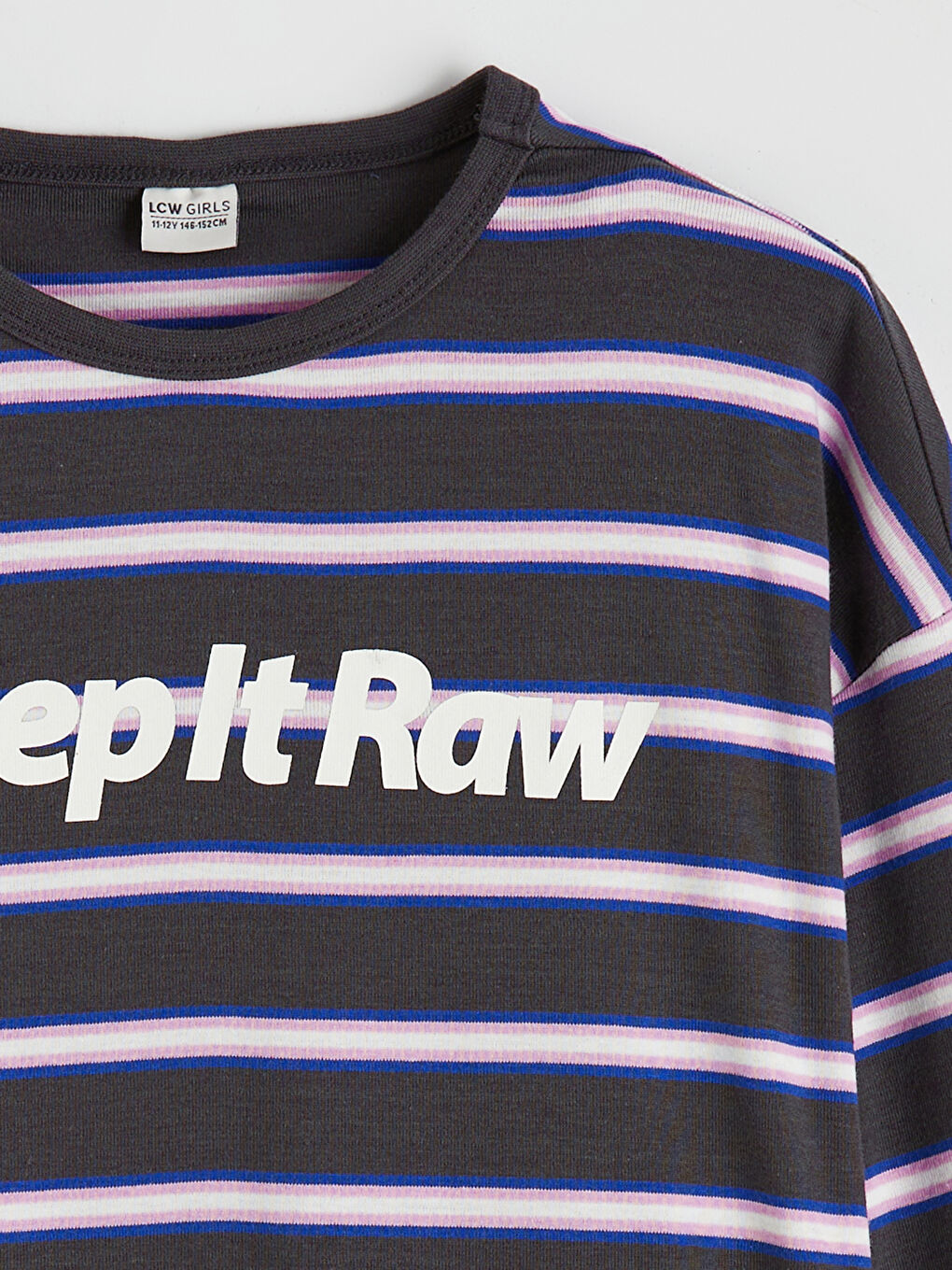 Antrasit Bisiklet Yaka Çizgili Kız Çocuk Tişört-1