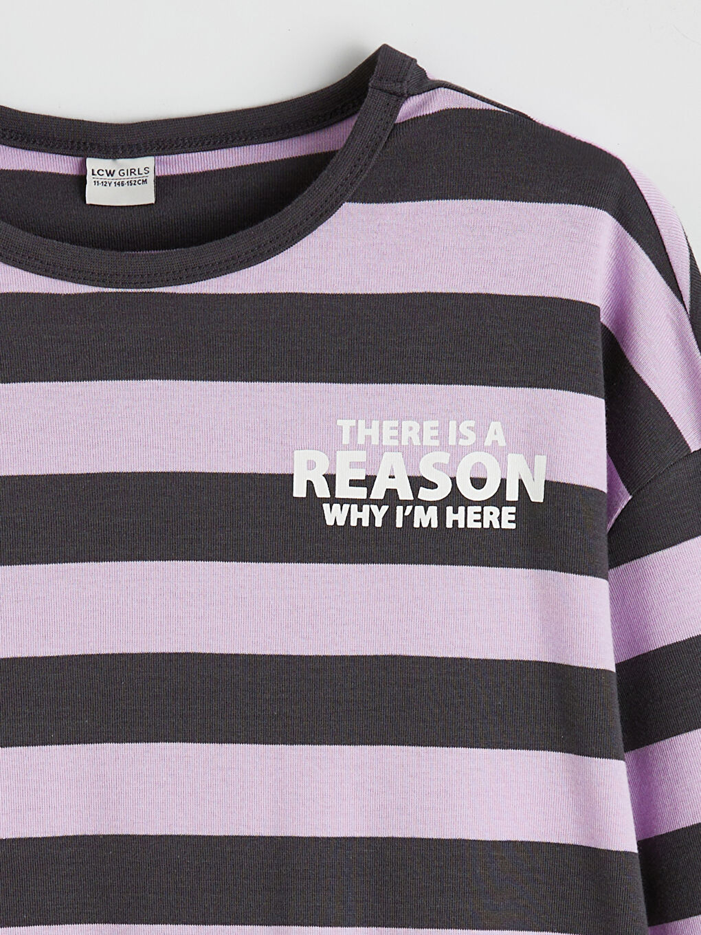 Lila Bisiklet Yaka Çizgili Kız Çocuk Tişört-1
