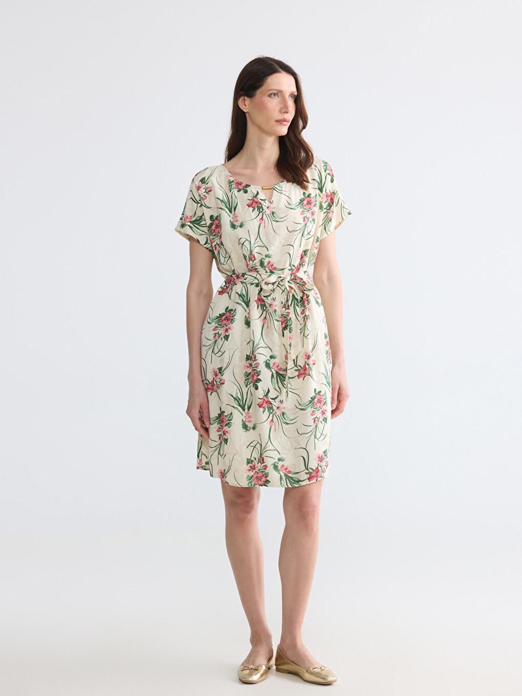 Crew Neck Floral A Form Poplin Dress-1