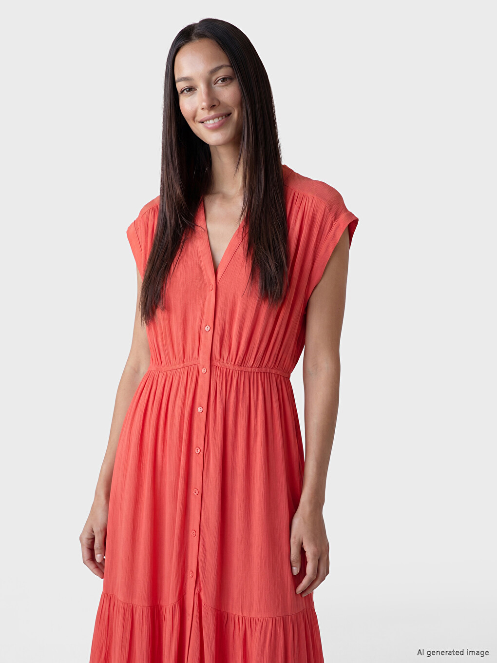 V Neck A Cut Crinkle Dress-1