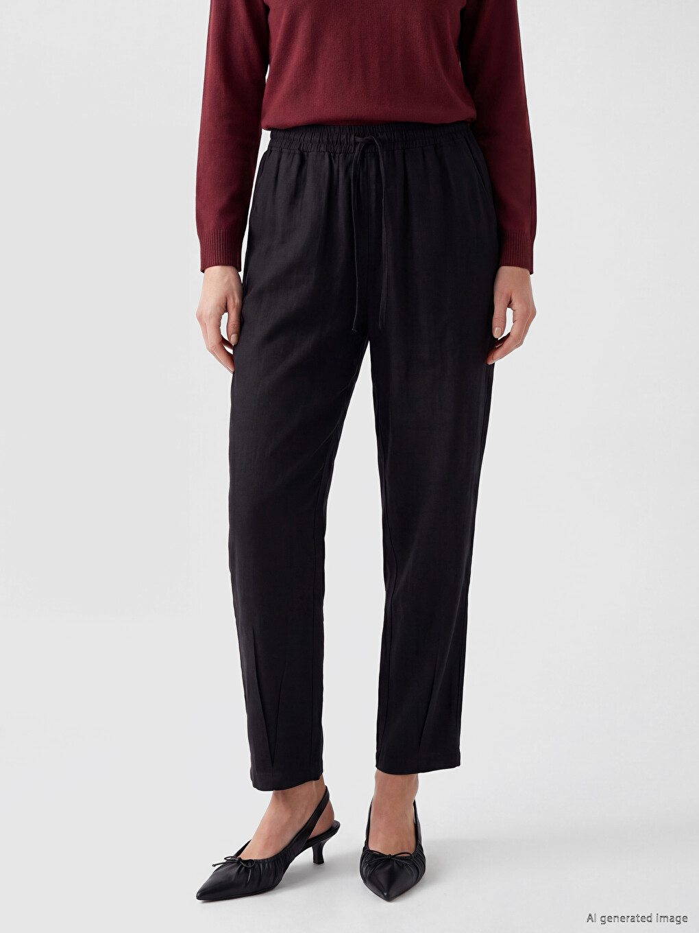 Elastic Waist Linen Blend Women's Trousers-1