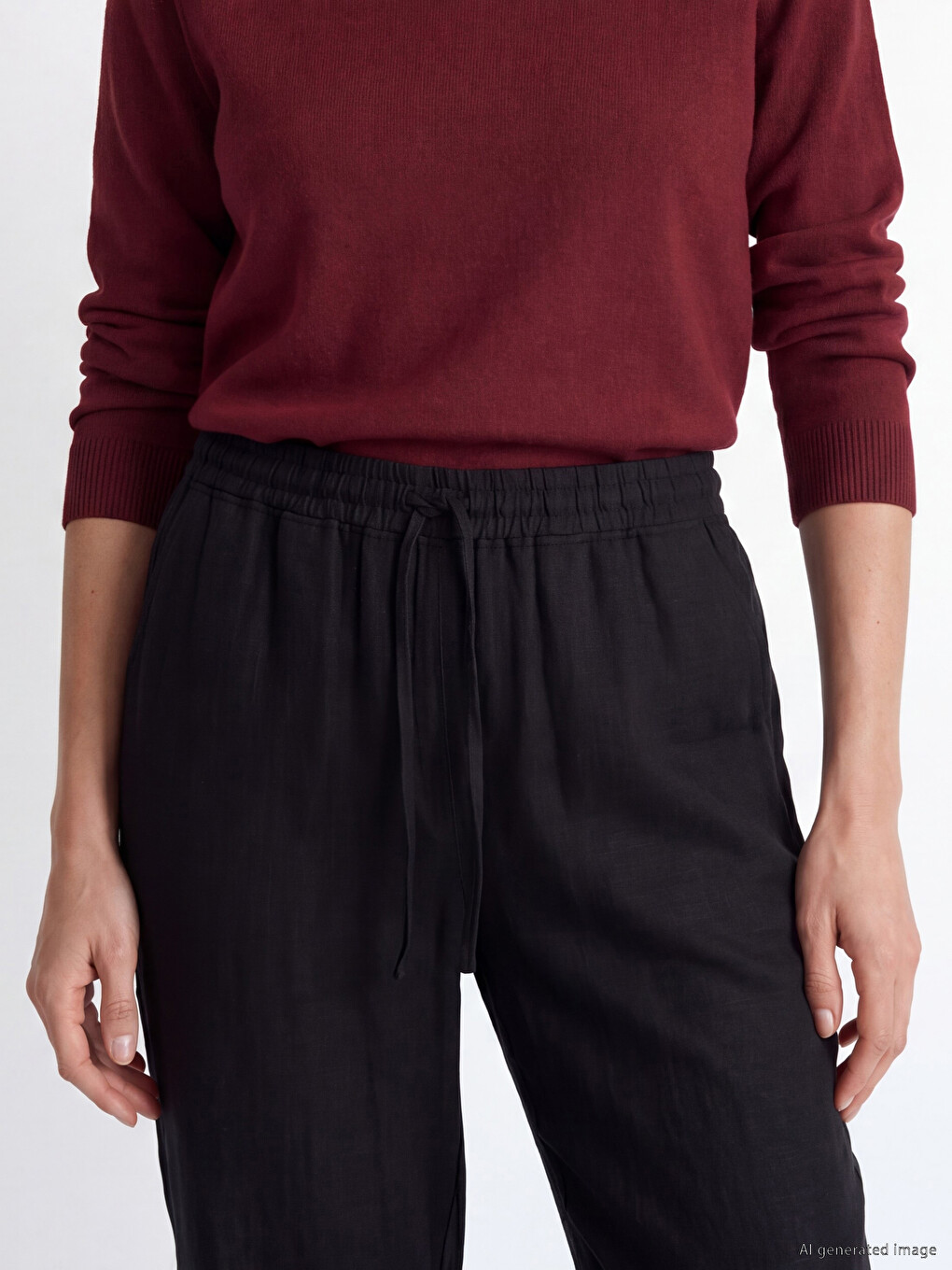 Elastic Waist Linen Blend Women's Trousers-2