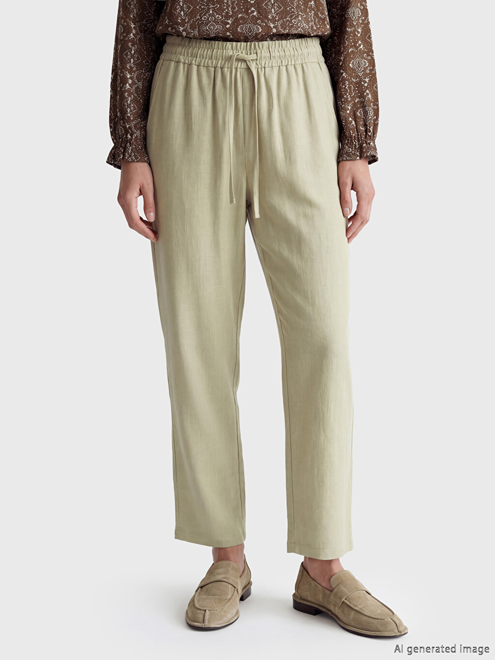 Elastic Waist Linen Blend Women's Trousers-1