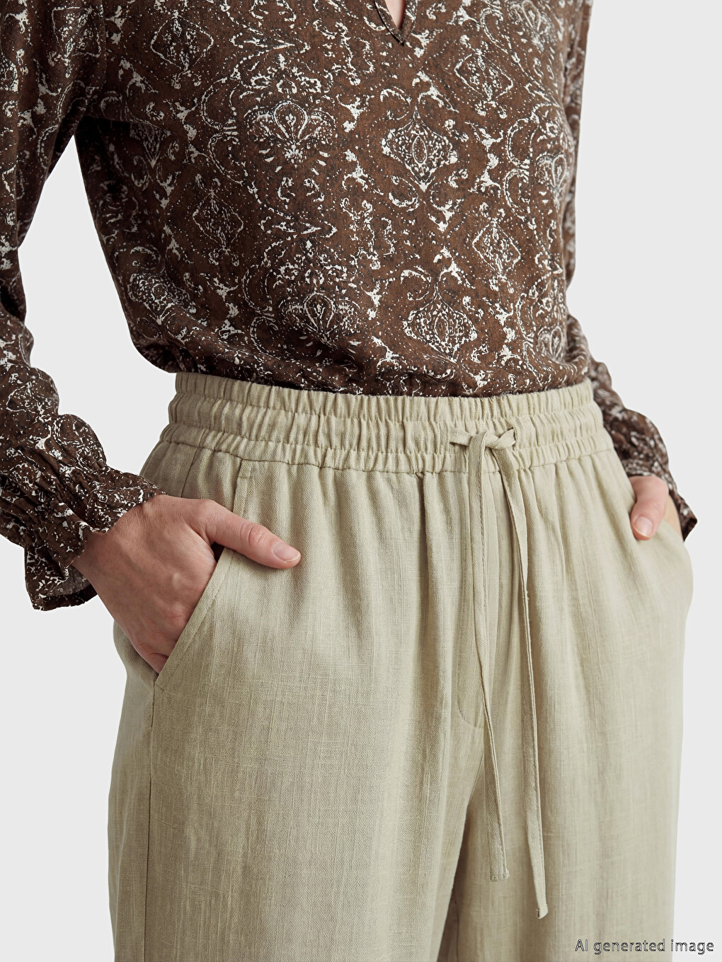 Elastic Waist Linen Blend Women's Trousers-2