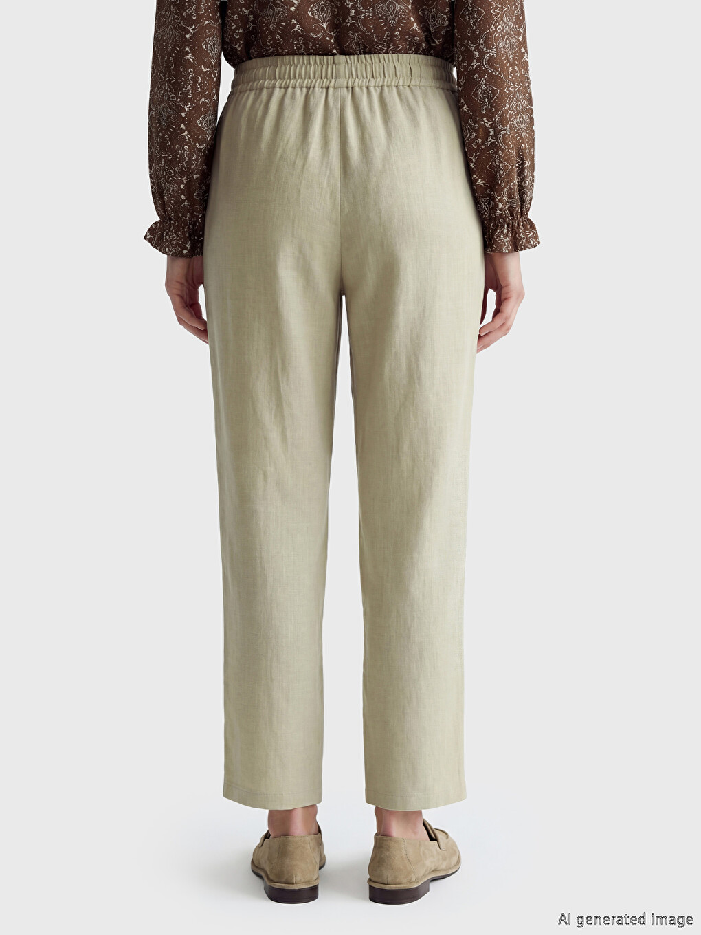 Elastic Waist Linen Blend Women's Trousers-3