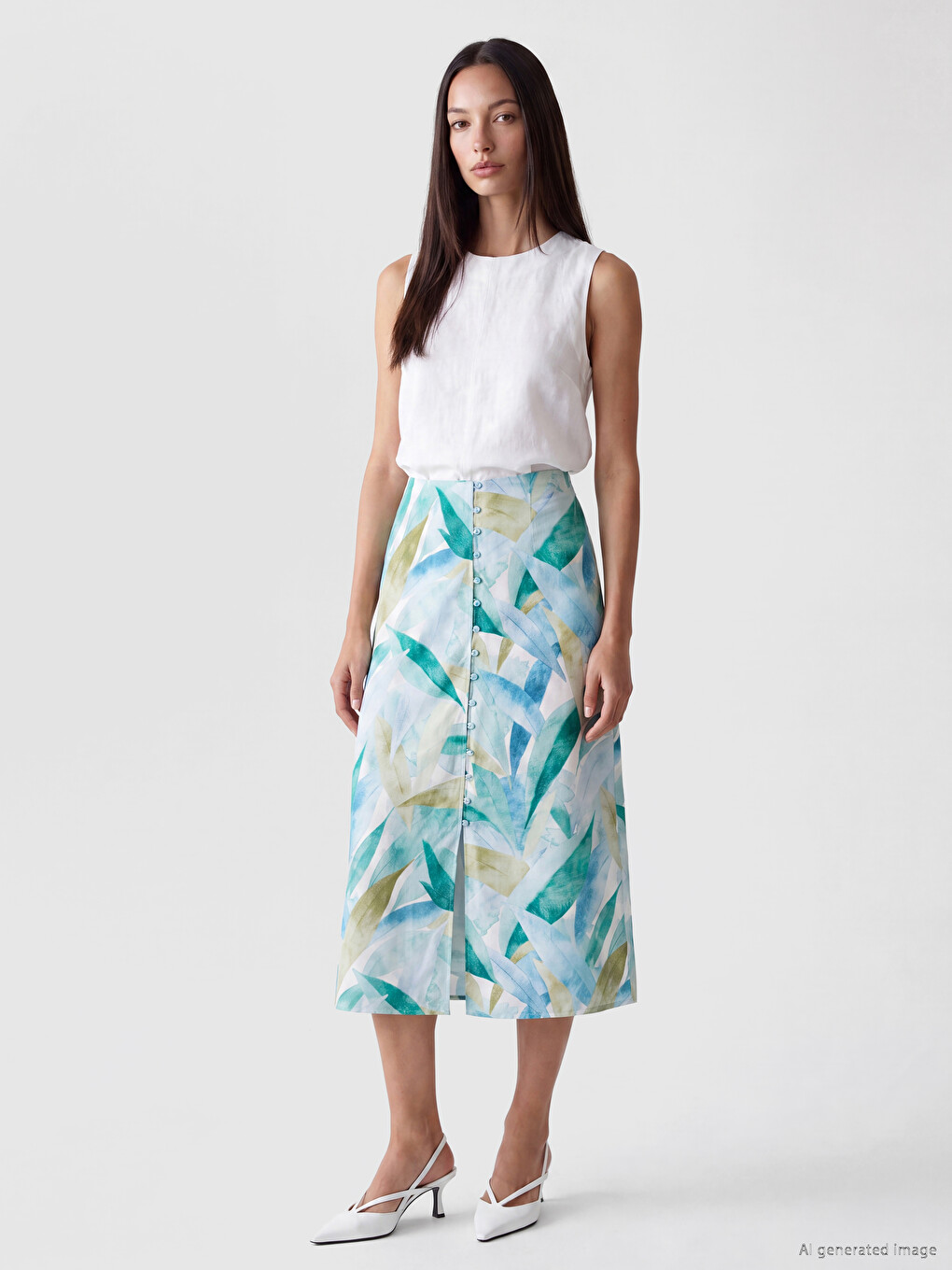  Buttoned Floral A-Line Skirt
