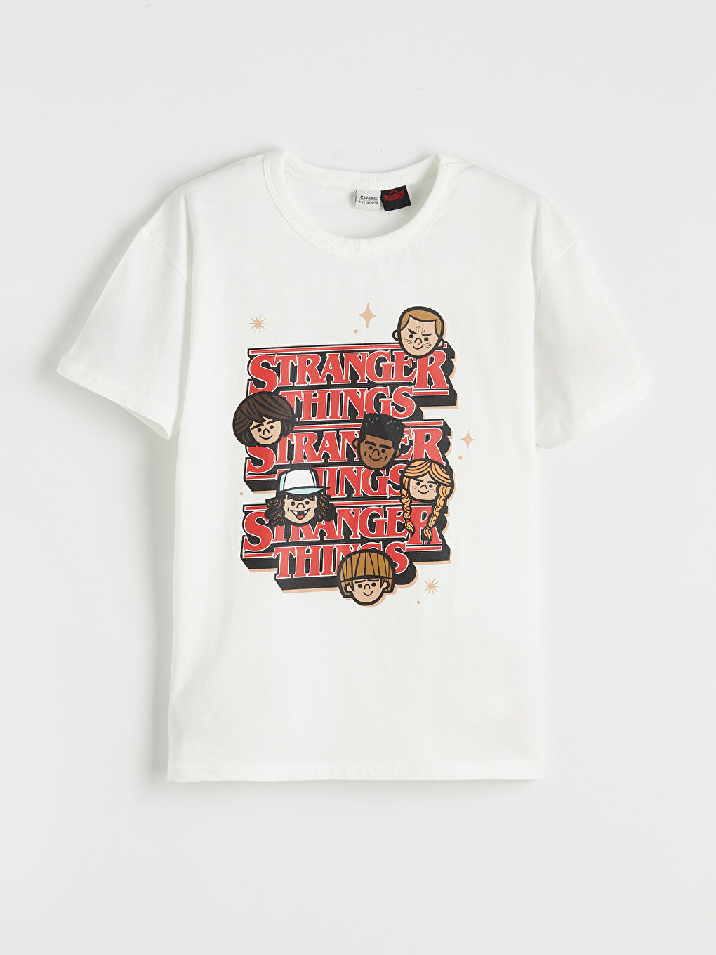 Ekru Bisiklet Yaka Stranger Things Baskılı Erkek Çocuk Tişört