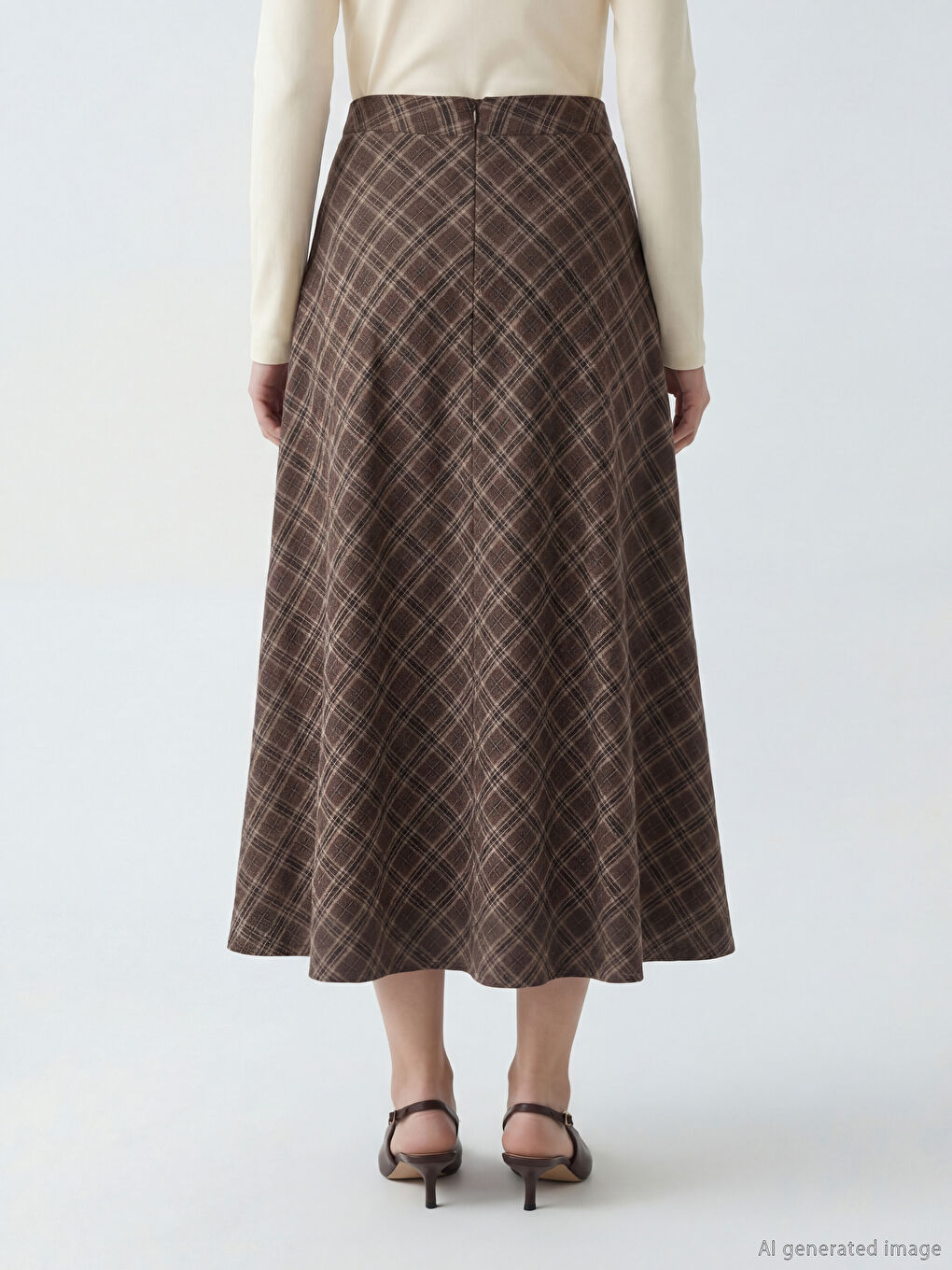 Kahverengi Beli Fermuarlı Ekose A Kesim Etek-3