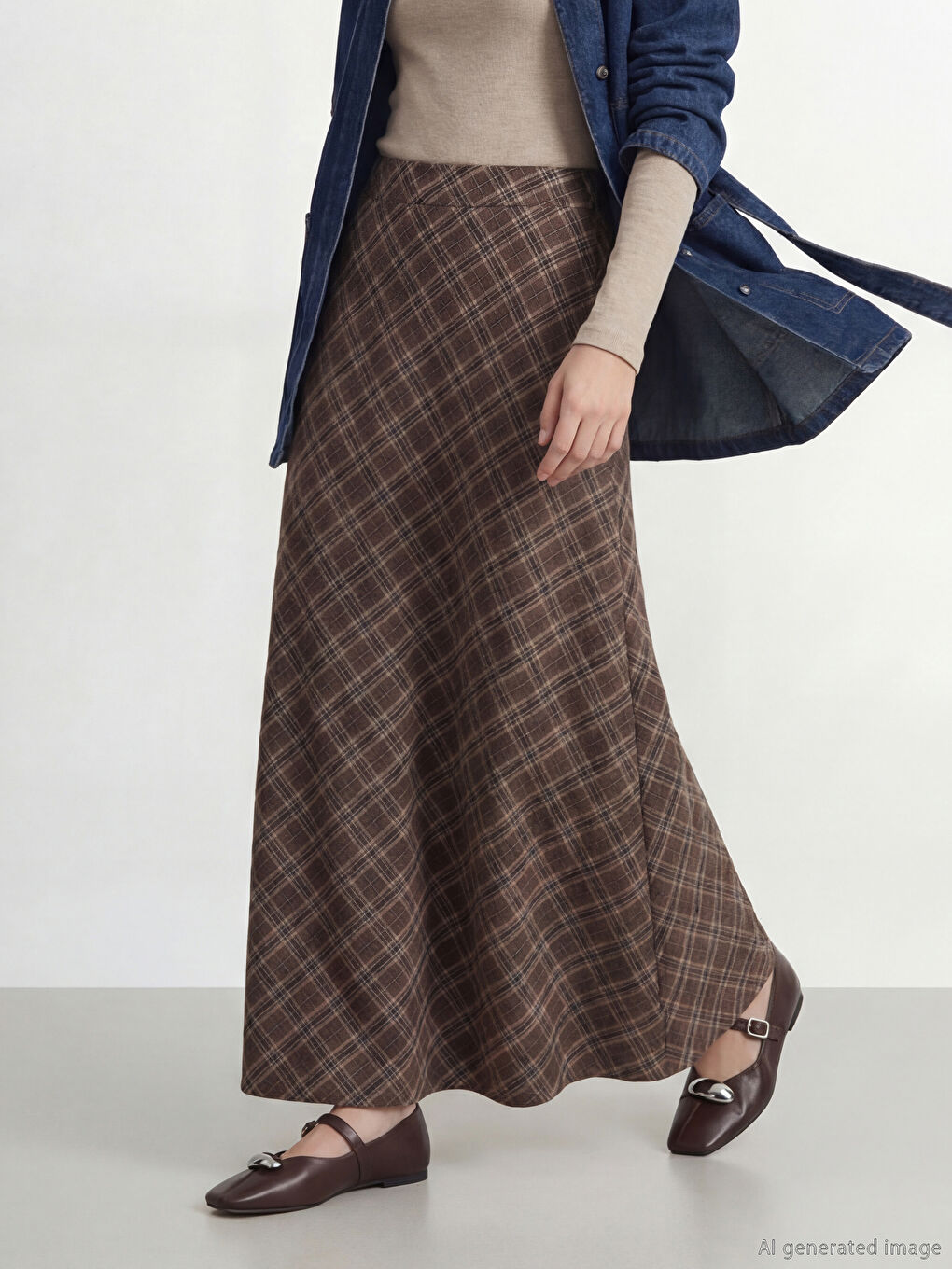 Kahverengi Beli Fermuarlı Ekose A Kesim Etek-1