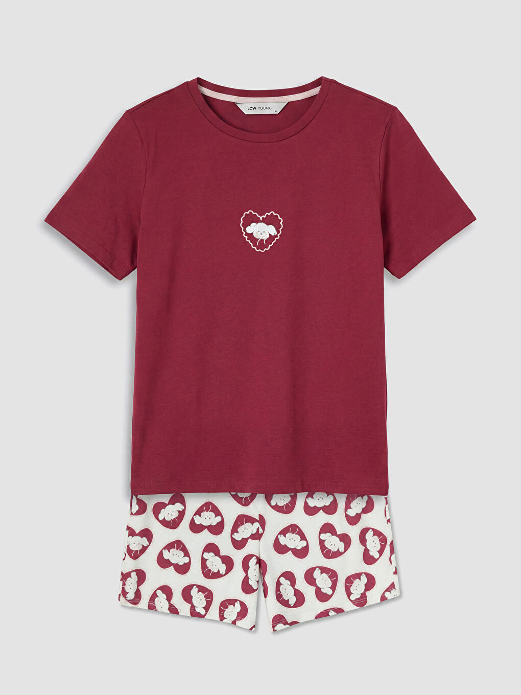 Ekru Bisiklet Yaka Baskılı Kadın Şortlu Pijama Takımı