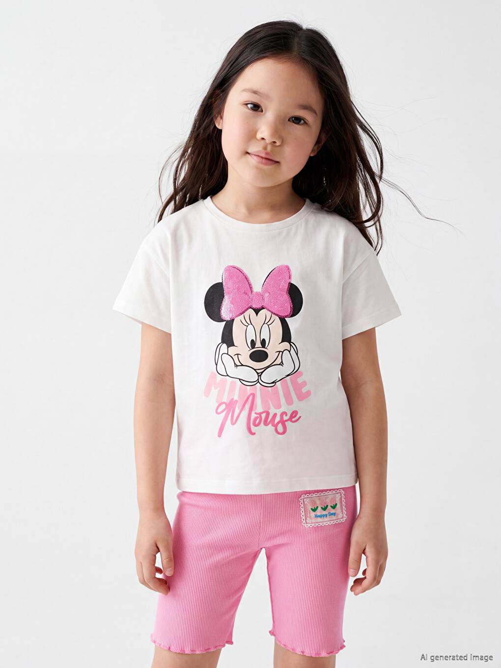 Beyaz Kız Çocuk Minnie Mouse Baskılı Tişört