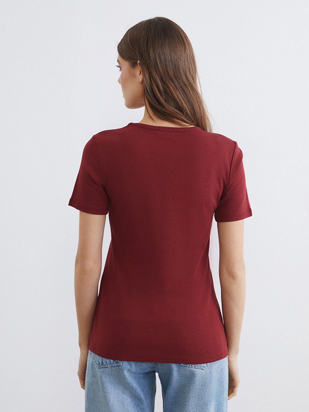 Bordo Bisiklet Yaka Kadın Tişört-4