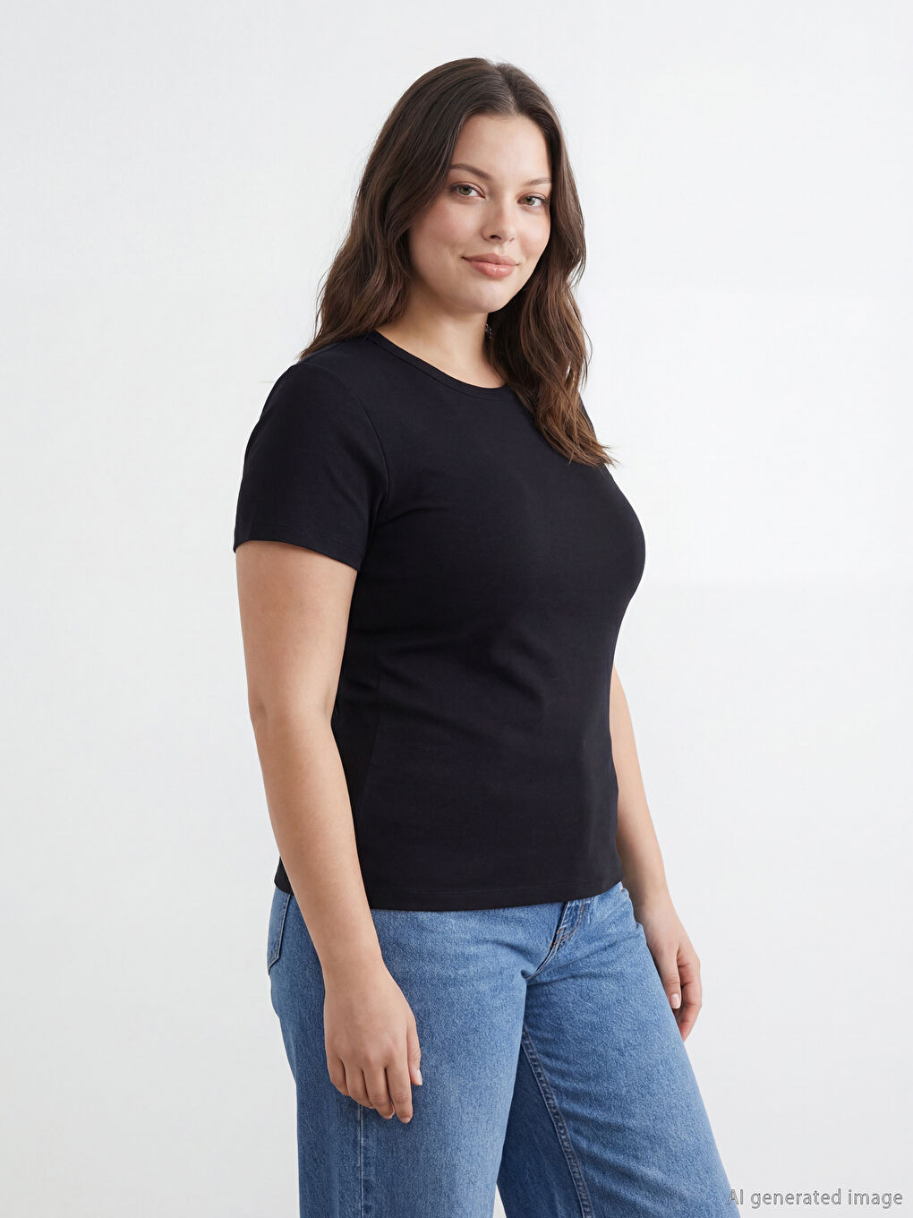 Siyah Bisiklet Yaka Kadın Tişört-1