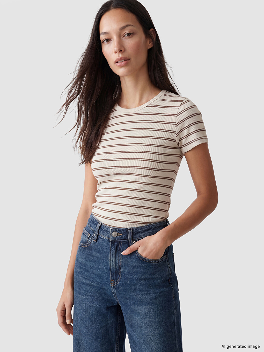 Crew Neck Striped Women's Ribbed T-shirt