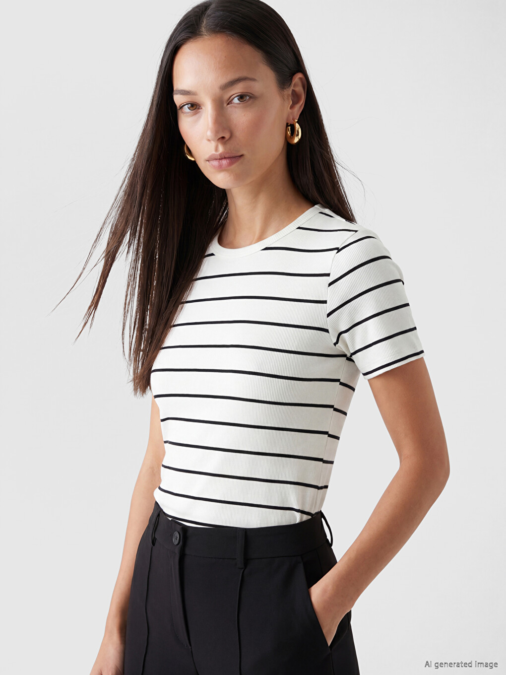 T-shirt me jakë të rrumbullakët, me shirita dhe me brinjë për gra