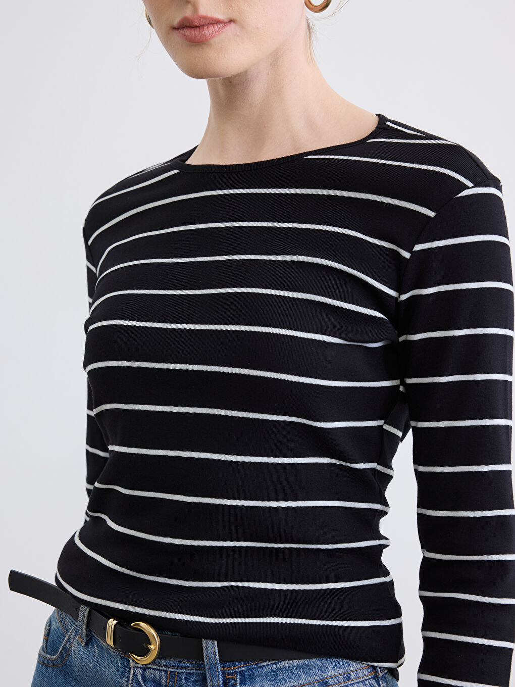 Ekru Bisiklet Yaka Çizgili Kadın Body-2