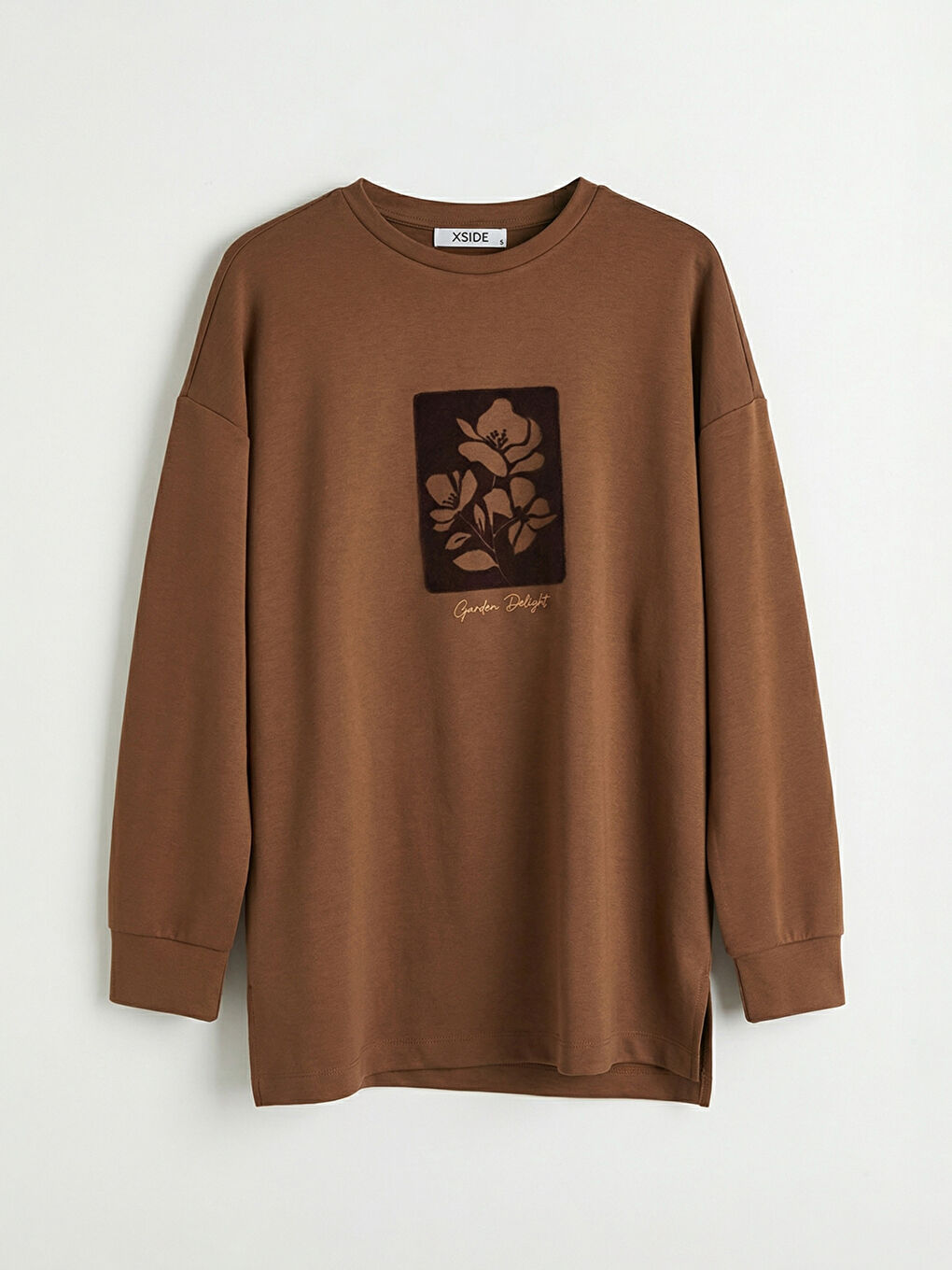 Kahverengi Baskılı Soft Touch Oversize Kadın Sweatshirt Tunik