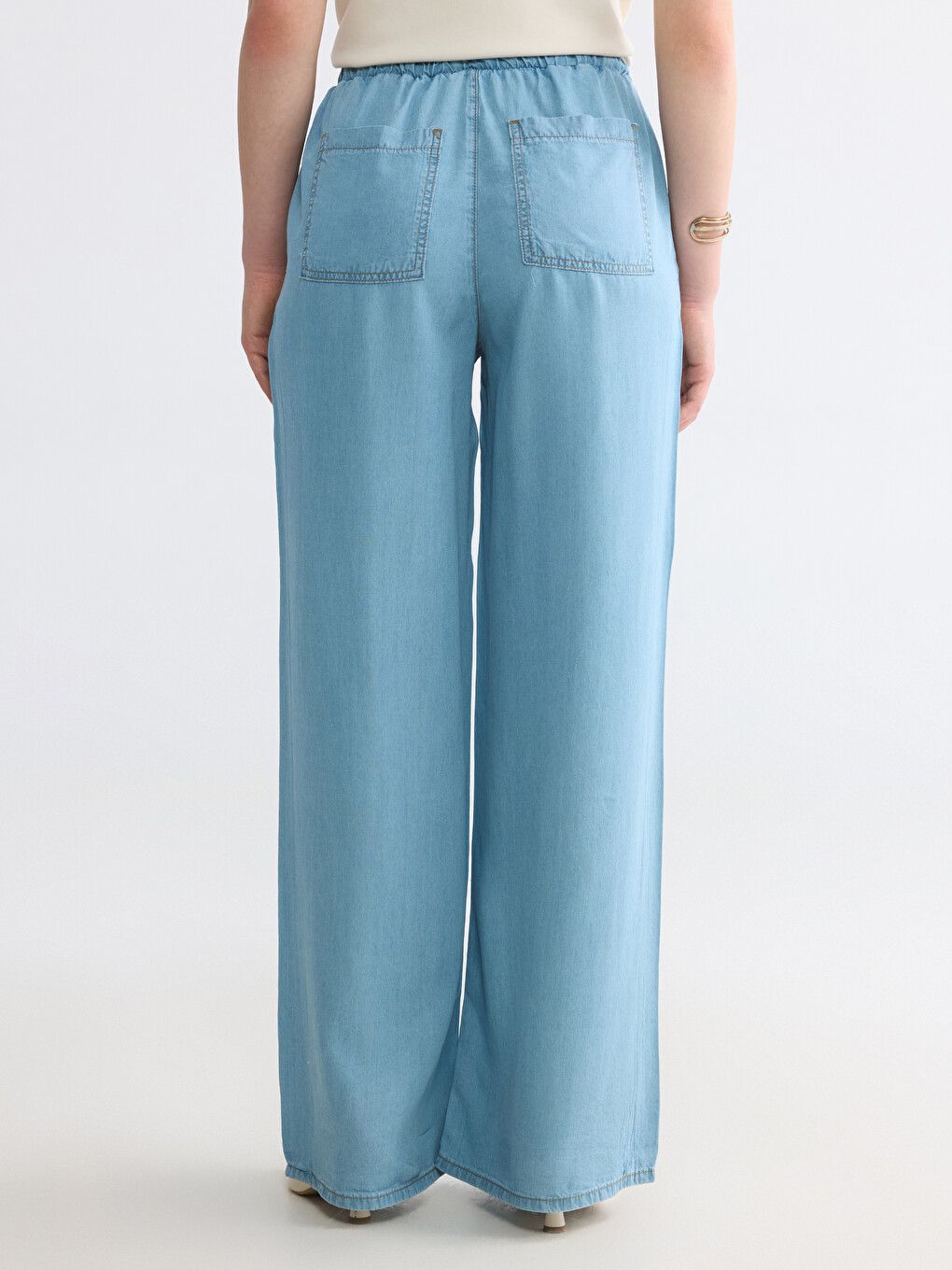 İndigo Beli Lastikli Wideleg Kadın Jean Pantolon-1