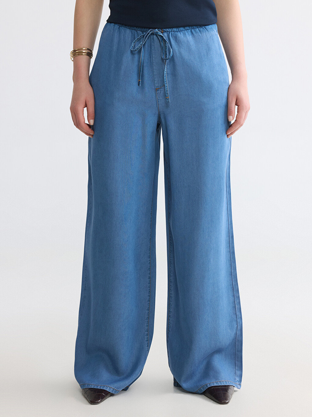 İndigo Beli Lastikli Wideleg Kadın Jean Pantolon-1