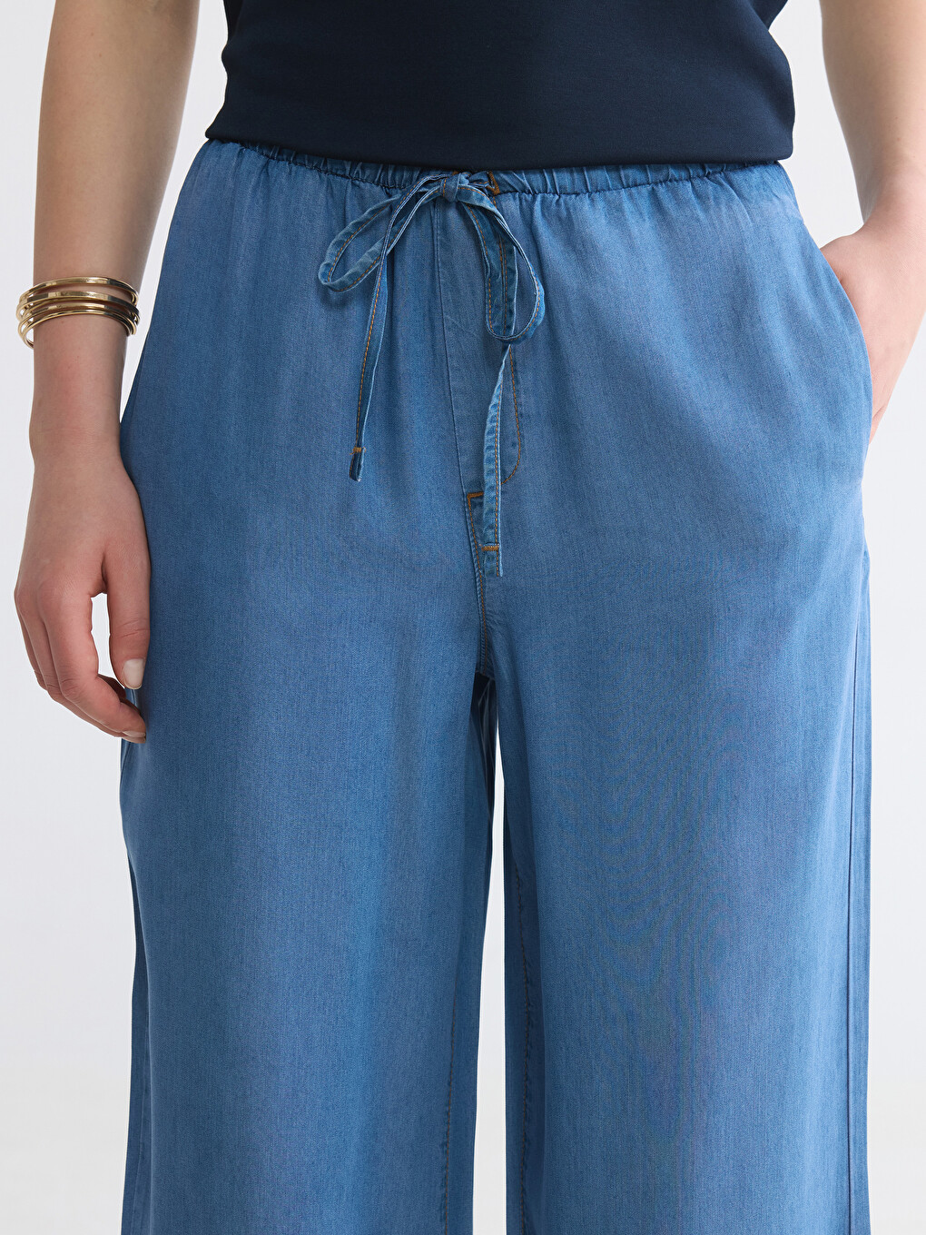 İndigo Beli Lastikli Wideleg Kadın Jean Pantolon-2