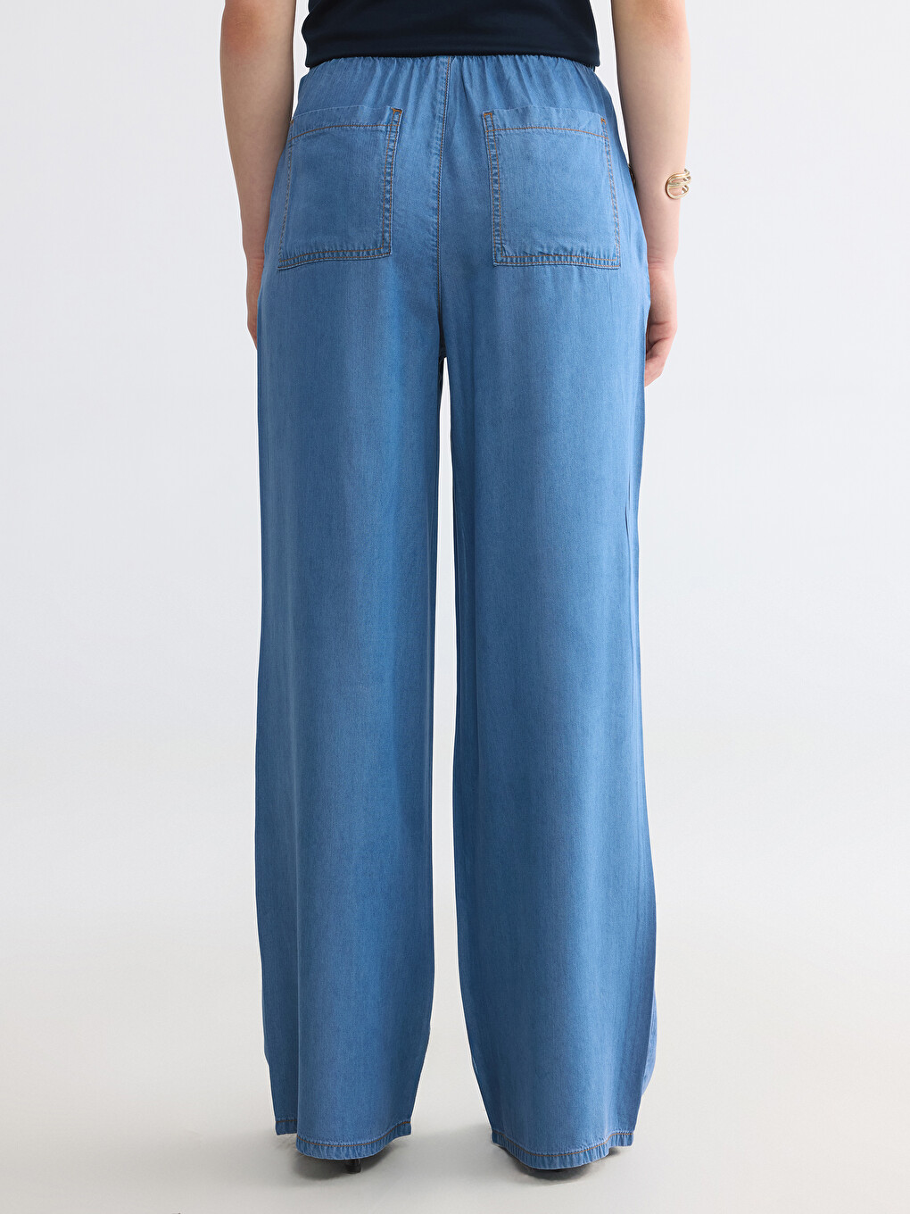 İndigo Beli Lastikli Wideleg Kadın Jean Pantolon-3