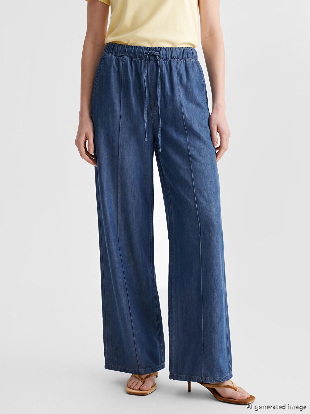 İndigo Beli Lastikli Wideleg Kadın Jean Pantolon-1