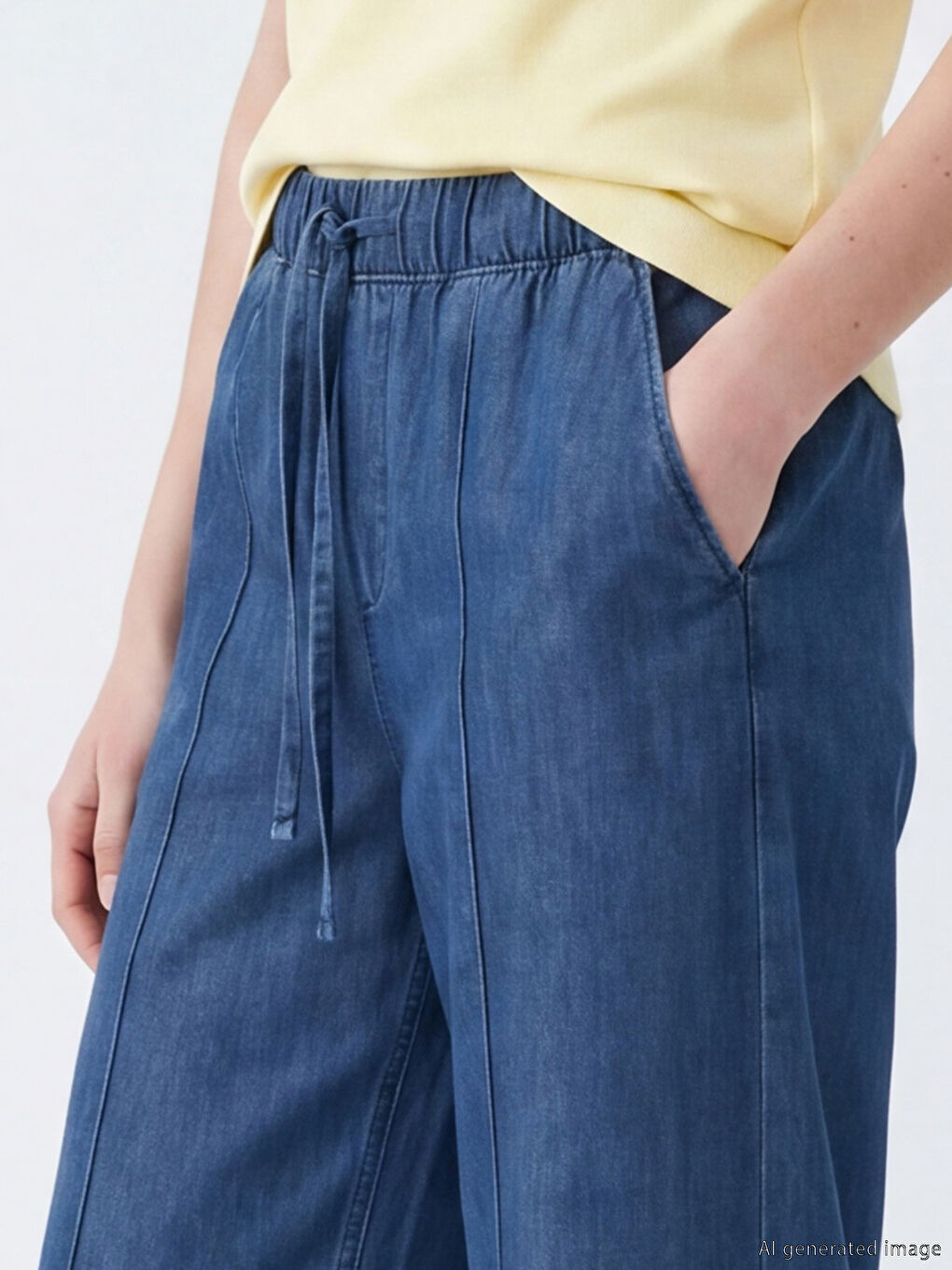 İndigo Beli Lastikli Wideleg Kadın Jean Pantolon-2