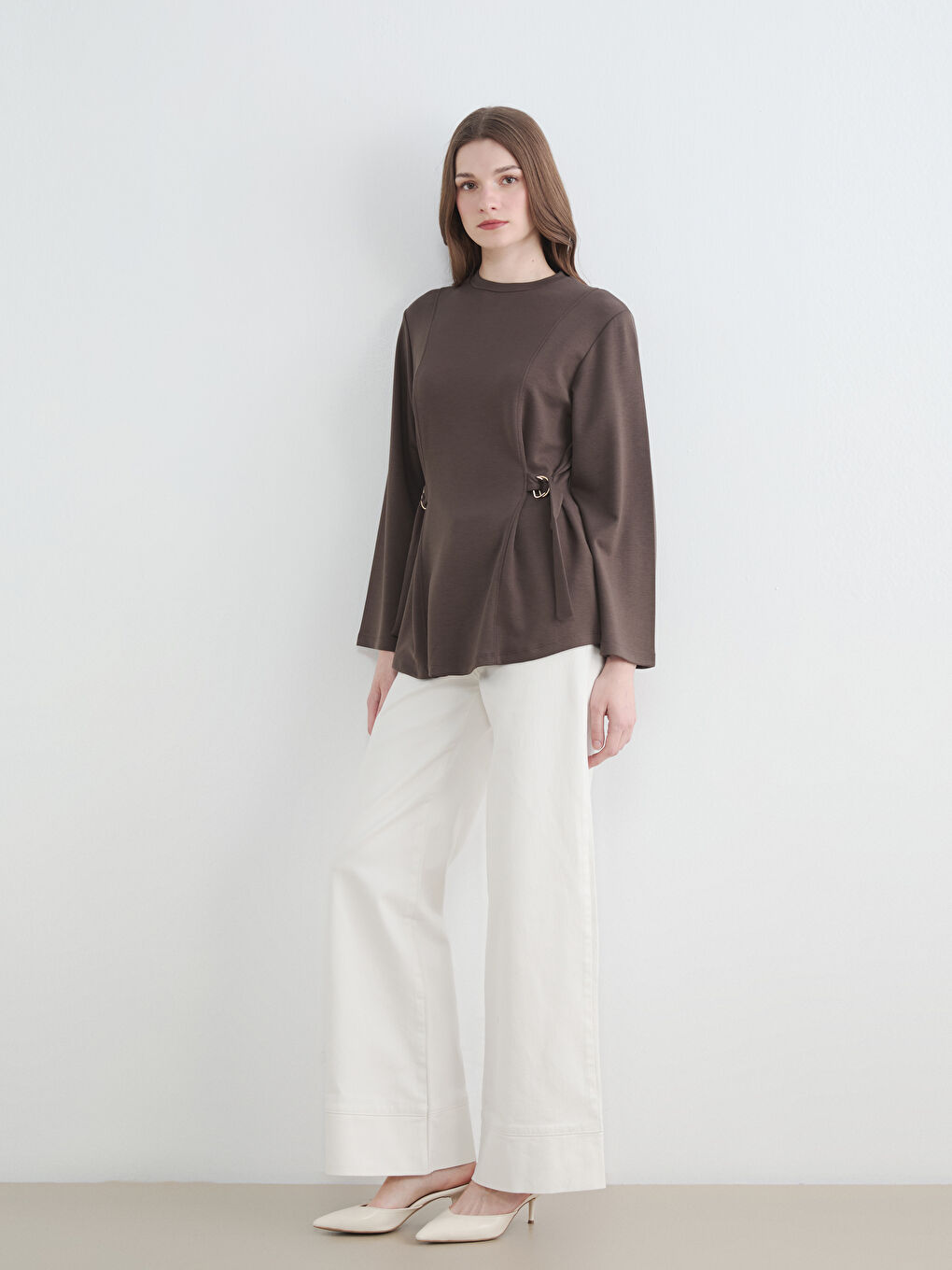 Ekru Yüksek Bel Wideleg Kadın Jean Pantolon-1