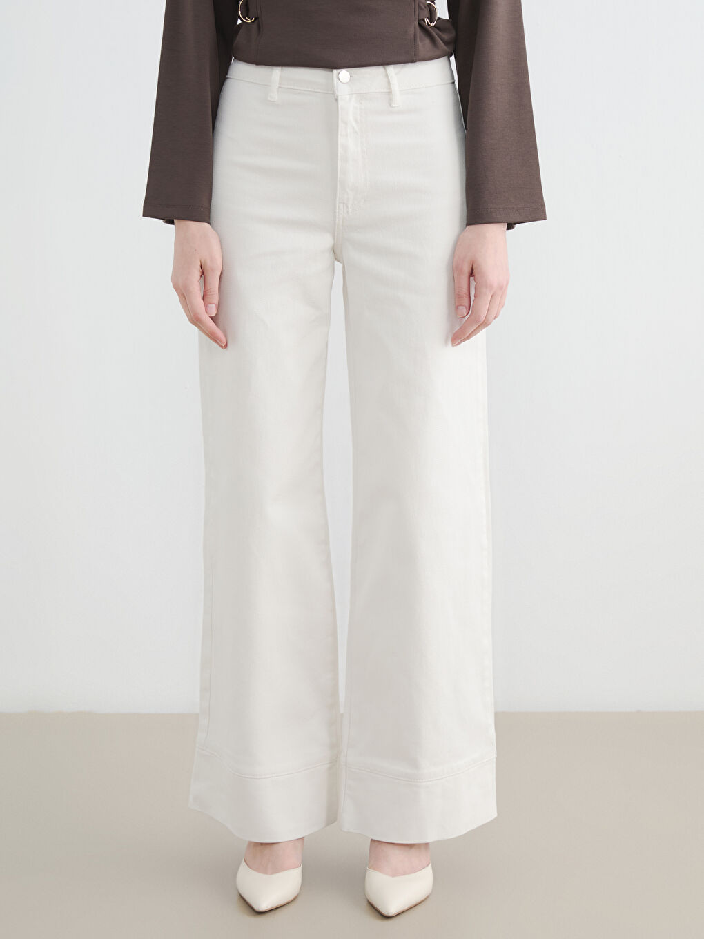 Ekru Yüksek Bel Wideleg Kadın Jean Pantolon-2