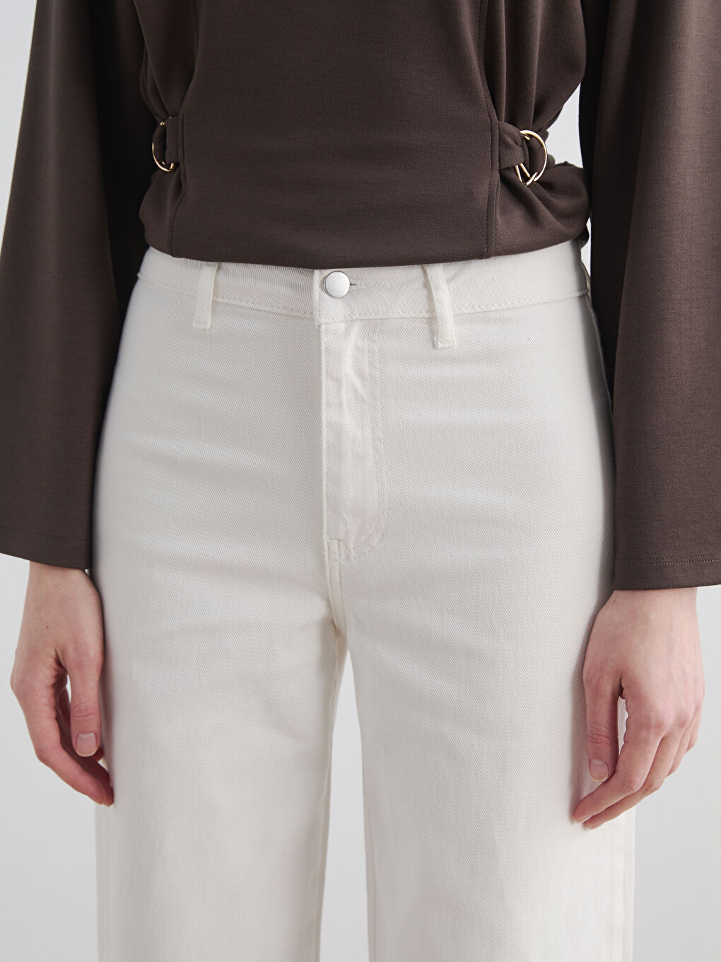 Ekru Yüksek Bel Wideleg Kadın Jean Pantolon-3