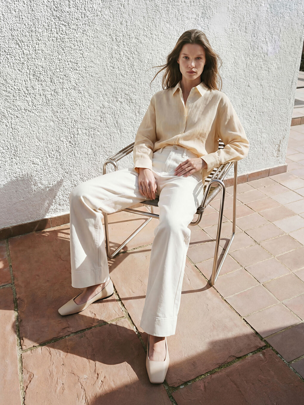 Ekru Yüksek Bel Wideleg Kadın Jean Pantolon