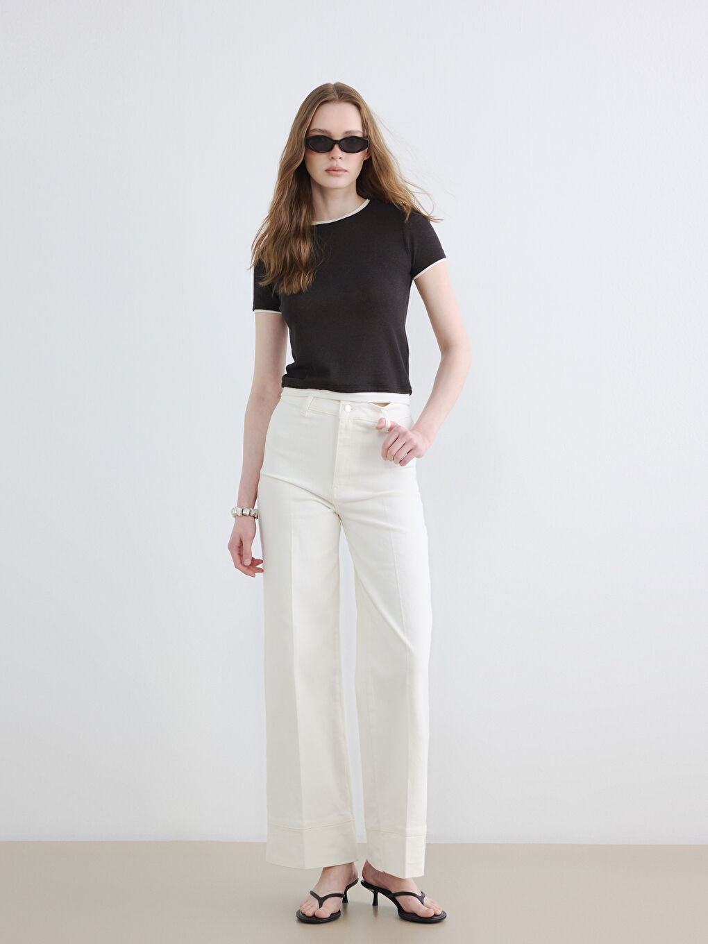 Ekru Yüksek Bel Wideleg Kadın Jean Pantolon