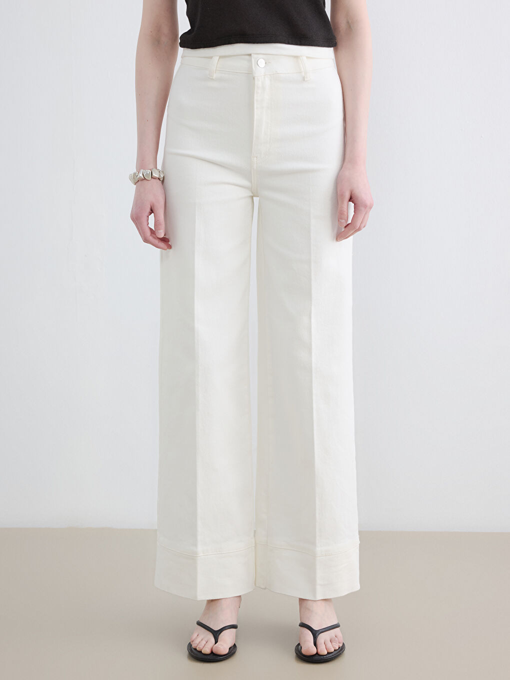 Ekru Yüksek Bel Wideleg Kadın Jean Pantolon-1