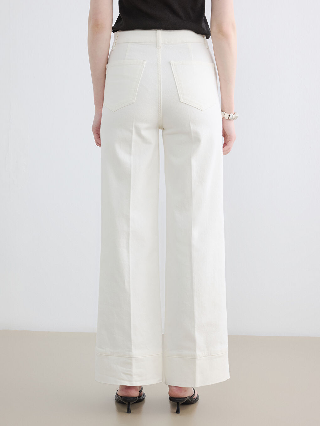 Ekru Yüksek Bel Wideleg Kadın Jean Pantolon-3
