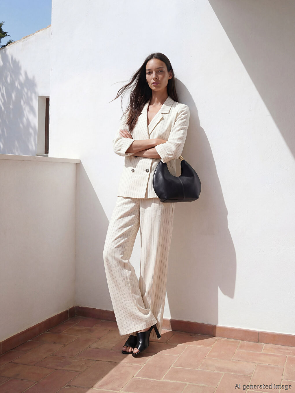 Siyah Beli Lastikli Çizgili Keten Karışımlı Kadın Pantolon