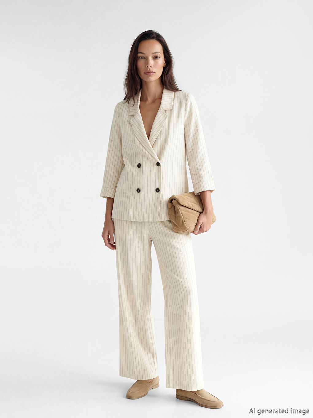 Siyah Beli Lastikli Çizgili Keten Karışımlı Kadın Pantolon