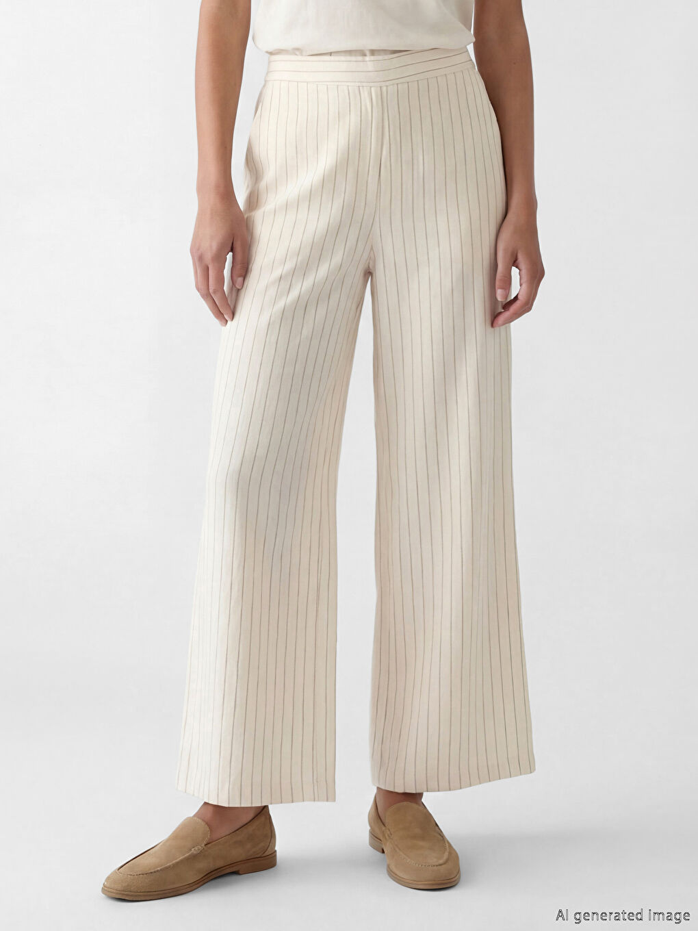 Siyah Beli Lastikli Çizgili Keten Karışımlı Kadın Pantolon-1