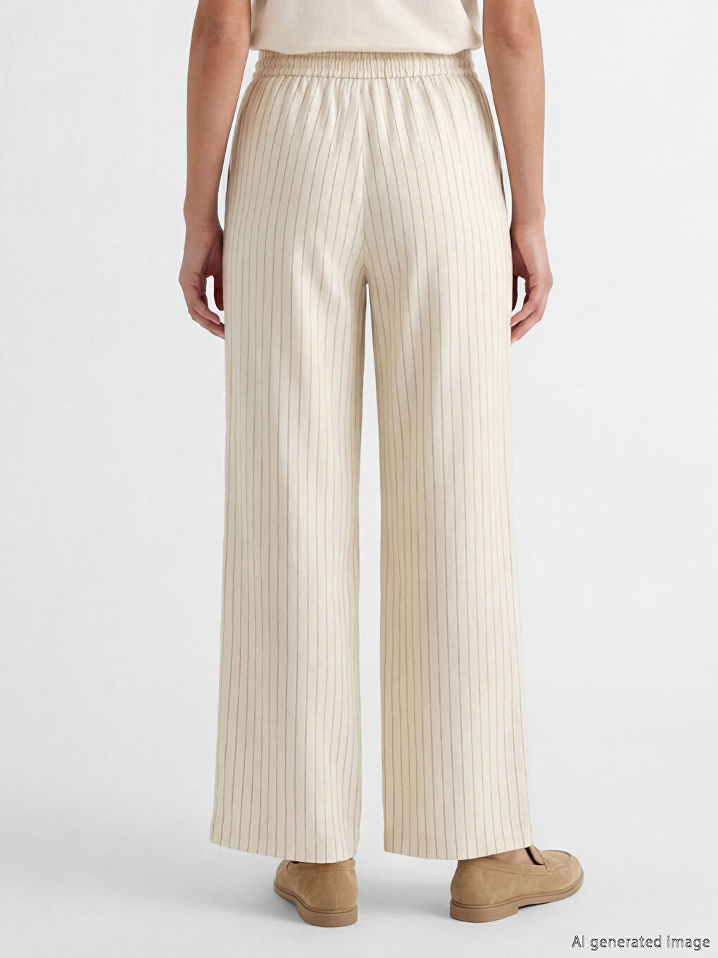 Siyah Beli Lastikli Çizgili Keten Karışımlı Kadın Pantolon-2