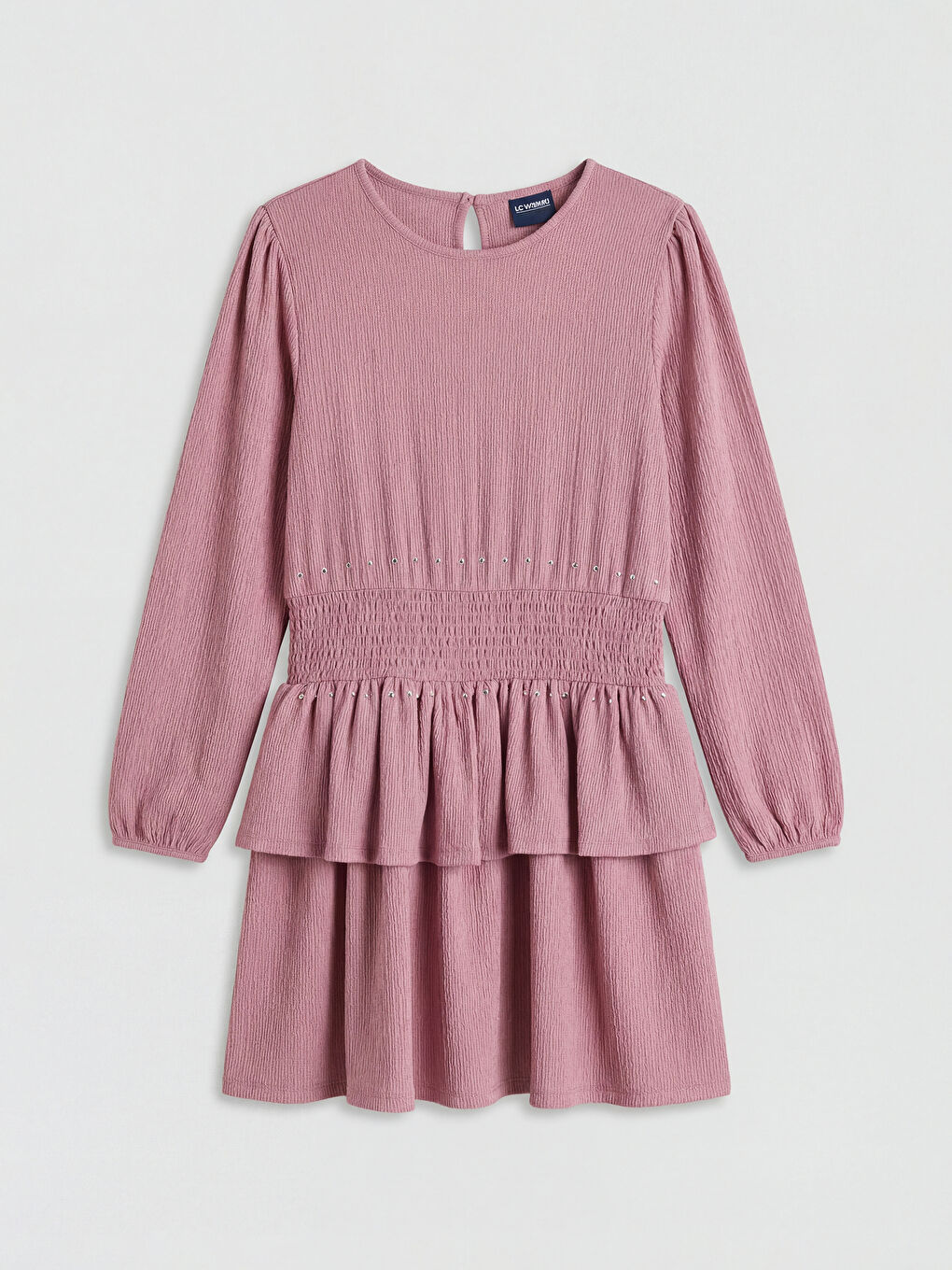 Lila Bisiklet Yaka Fırfırlı Taş Detaylı Kız Çocuk Elbise