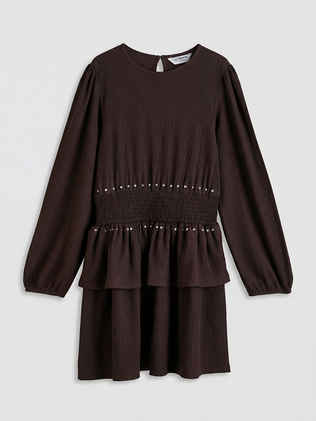 Kahverengi Bisiklet Yaka Fırfırlı Taş Detaylı Kız Çocuk Elbise-1