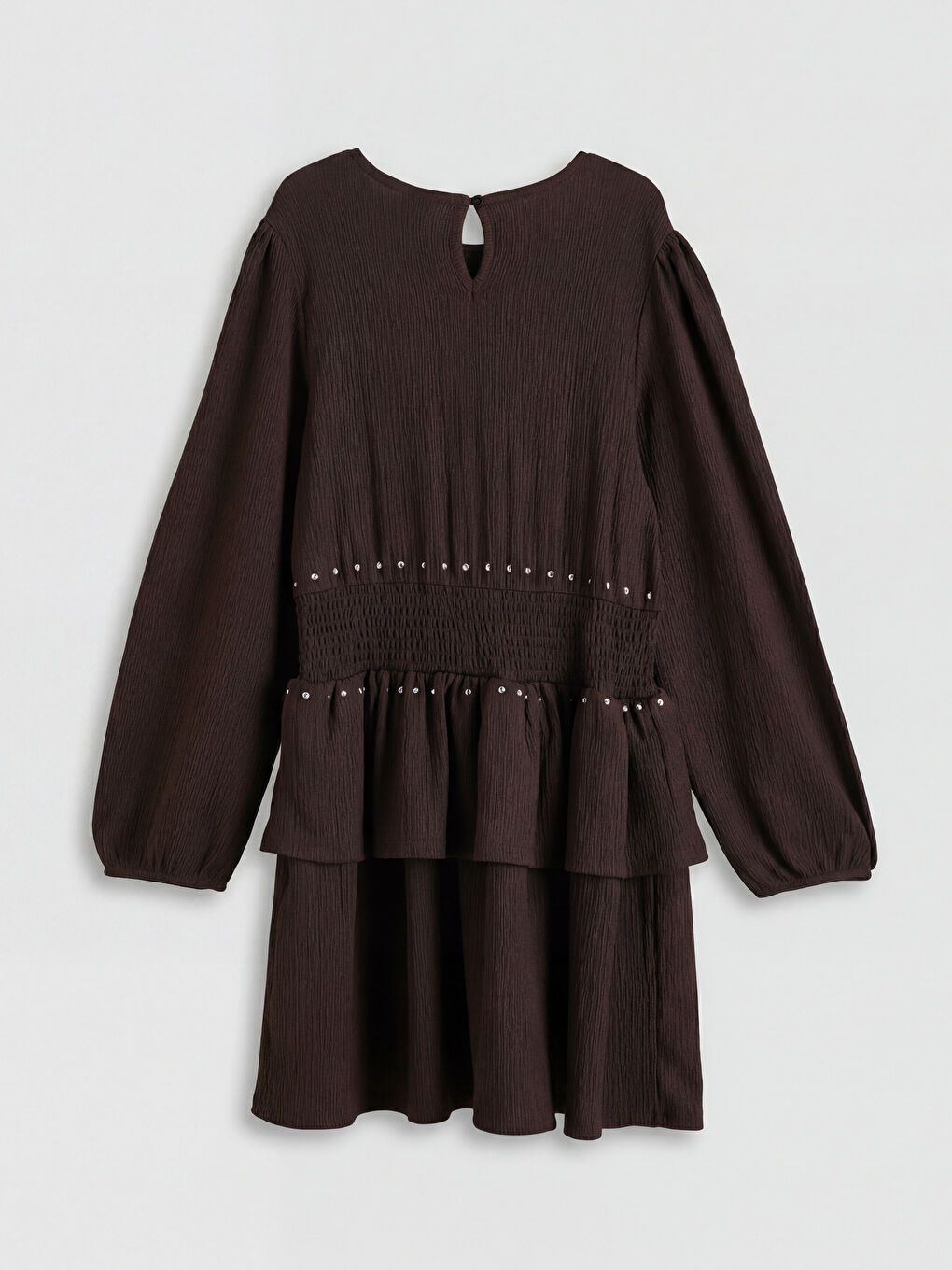 Kahverengi Bisiklet Yaka Fırfırlı Taş Detaylı Kız Çocuk Elbise-2